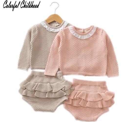Autumn Spring Kids Outfits Baby Girls/Boys clothing set Girls ruffles Pullover Lace Sweaters+knitted Ruffles Shorts sets