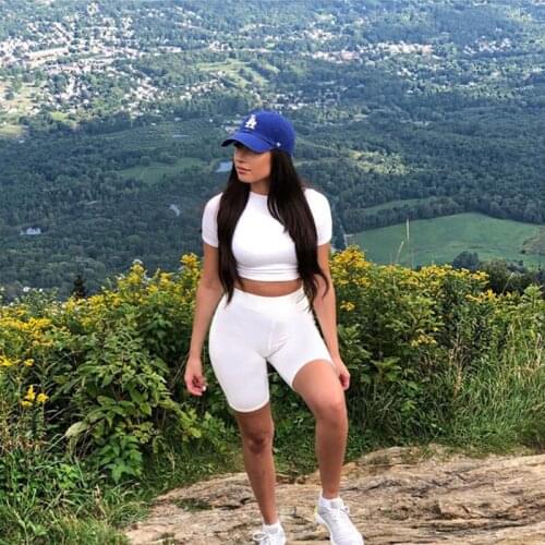 Sexy Round Collar Two-piece Set Nightclub Slim Short Sleeve High Waist Shorts Yoga Set Gym Clothing Fitness Leggings Suit