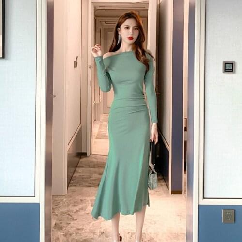 Sheer Good Elastic Knitted Cotton Dress for Women Long Sleeve Korean Dress Ladies Trumpet Midi Green Dress Autumn Winter 2020