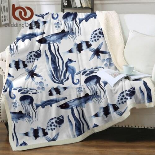BeddingOutlet Sea Animal Blankets For Bed Fishes Sherpa Blanket Aquatic Plants Fluffy Blanket Dark Blue Watercolor Cobertor 1pc