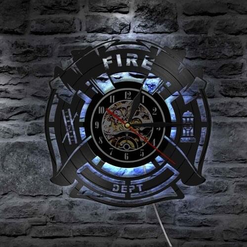 Fire & Rescue Fire Dept Wall Sign Firefighter Vinyl Record Wall Clock with LED Night Light Man Cave Firemen Decorative Gift