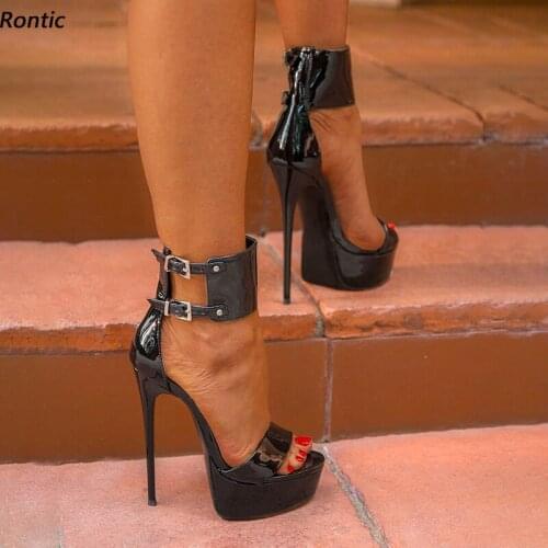 Rontic New Handmade Women Platform Sandals Unisex Ankle Wrap Buckle Sexy Stiletto Heels Open Toe Black Party Shoes US Size 5-20
