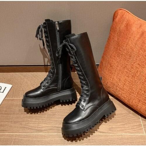 Chunky Platform PU Leather Knee High Boots Women Thick Sole Lace Up Winter Boots Woman Punk Style Motorcycle Boots Female AC196