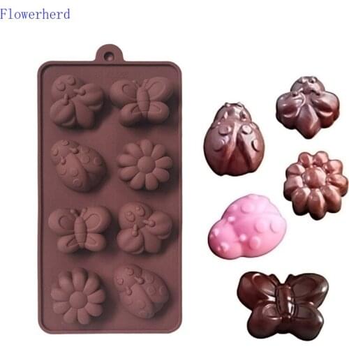 8 Holes Silicone Cake Mold Ladybug Butterfly Flower Insect Chocolate Candy Mold DIY Fondant Cake Decor Handmade Soap Mold