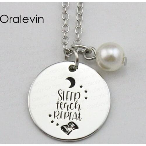 SLEEP TEACH REPEAT Inspirational Hand Stamped Engraved Custom Charm Pendant Female Necklace Gift Jewelry,10Pcs/Lot, #LN1832