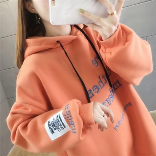 Hoodies Women Autumn Winter Casual Loose Fashion Hooded Print Letter Velvet Long Sleeve Harajuku Female Mujer De Moda Streetwear