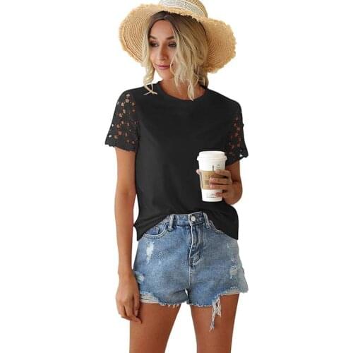 Short Sleeve Hook Flower Hollow Fashion Womens T-shirt Elegant Slim Plus Size Ladies Casual Tops Tee Shirt Summer 2021