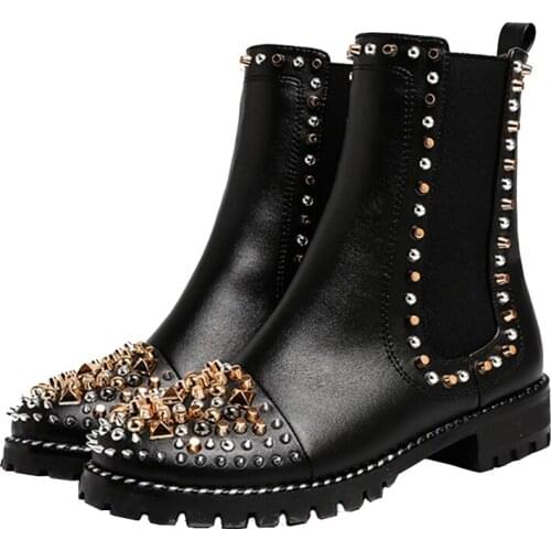 Women Metal Rivets Studs Round toe Martin Boots Bling Slip on Ankle Boots Shoes Ladies Black Leather Spike Motorcycle Bottines