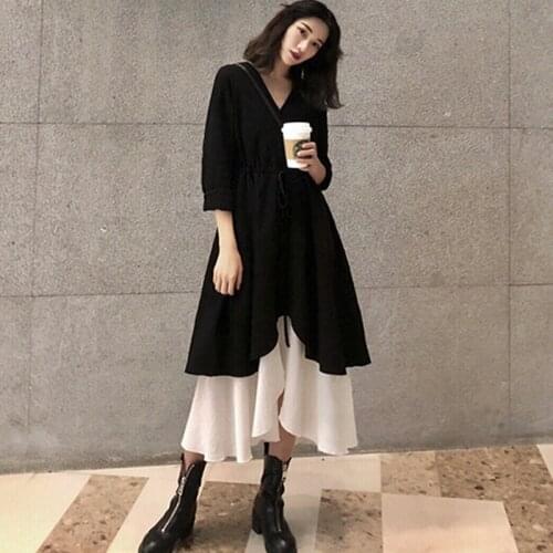 Black Plus Size Two Piece Sets Women Outfits Cotton Linen Loose Casual Dress Patchwork Vintage Outfits For Women DD1989