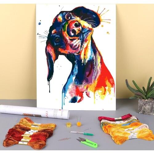 Animal Dog Dachshund Printed Water-Soluble Canvas 11CT Cross Stitch Patterns Embroidery DMC Threads Handicraft Decor