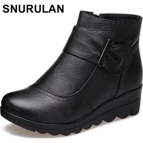 SNURULAN 2018 Winter women shoes cotton-padded wedge boots genuine leather ankle boots buckle Snow Boots size 35-41