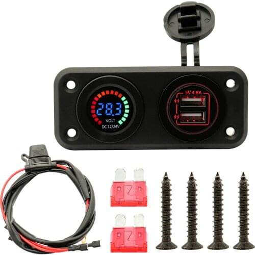 12V Dual USB Charger Car Charger Power Socket with LED Voltmeter for RV Marine