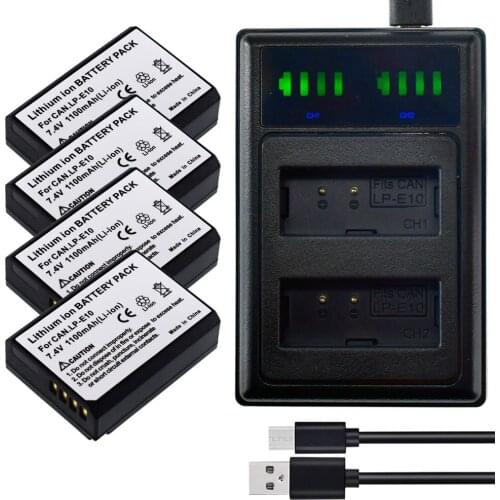 4 Pcs LPE10 LP-E10 Battery + LED USB Charger for Canon EOS Rebel T3 T5 1100D 1200D X50