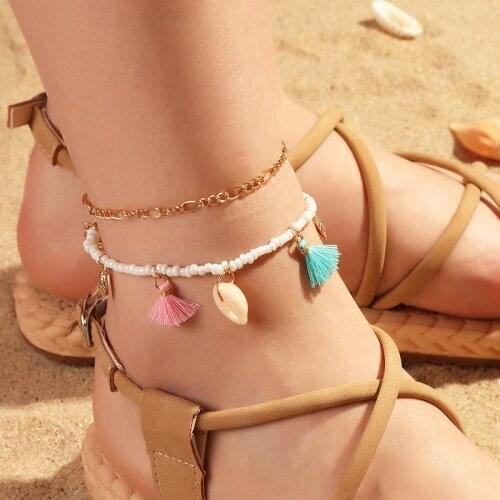 Anklets for Women Girls Foot Jewelry Holiday Beach Barefoot Sandals Bracelet on the leg Ankle Boho Seed Bead Shell Tassel Anklet