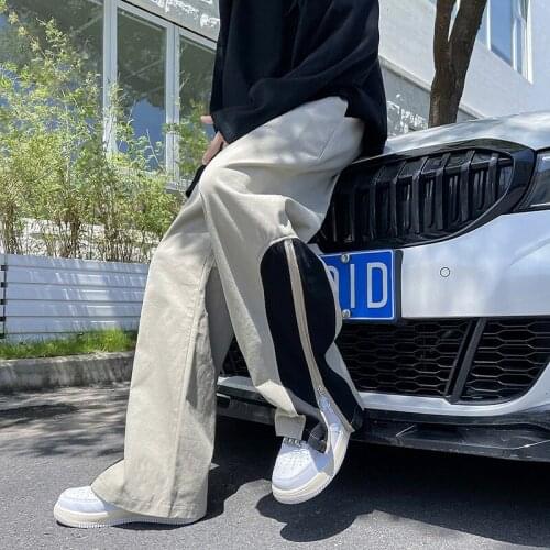 Khaki/Black Men Fashion Wide Leg Pants Autumn Streetwear Casual Cotton Loose Straight Pant Mens Patchwork Side Zipper Trousers