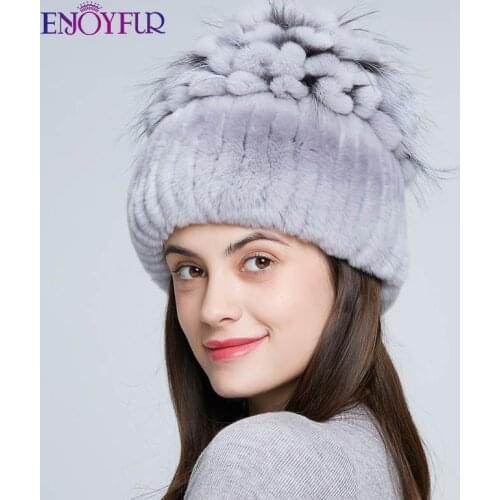 ENJOYFUR Real Rex Rabbit Fur Hats With Fox Fur Hair Flower Desigh Thick Warm Winter Fur Caps High Quality