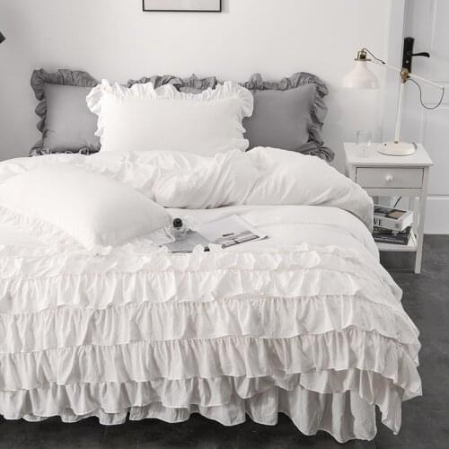 White Pink Gray Soft Korean Princess Style Bedding Set Layered Ruffles Design Duvet Cover Bed Skirt Bed Sheet Pillowcases 4Pcs