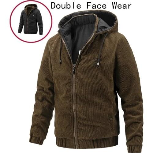 Autumn Winter Double Face Wear Jacket Men Casual Solid Color Streetwear Corduroy Mens Jacket Sports Outwear Hoodied Jackets