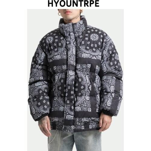 Men Harajuku Printed Jacket and Coat New Winter Casual Warm Thicken Stand Collar Parka Zipper Cotton Padded Streetwear Outerwear