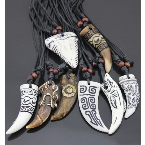 Hot Selling 8pcs Mix Styles Imitation Bone Carving Dragon Totem Svastika Shark/Wolf Tooth Amulet Pendant Necklace Gift MN343