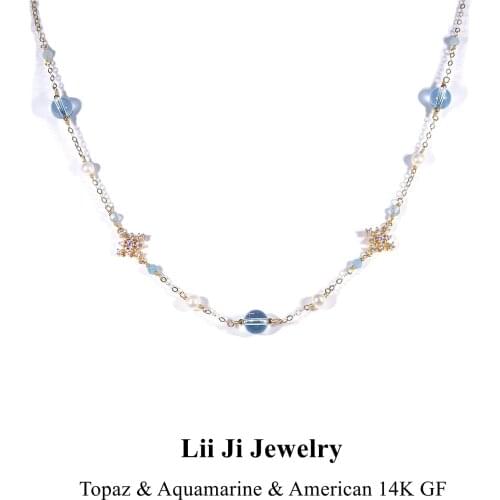 Lii Ji Genuine Blue Topaz Zircon Snowflakes Necklace S925 Real Gold Plated Plated Delicated Handmade Necklace 40cm+4cm For Women