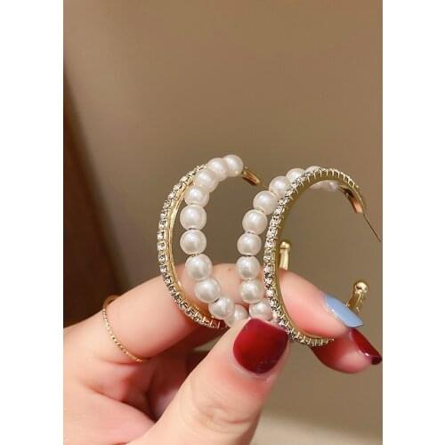 Fashion Shining Rhinestone Round Circle Piercing Earrings For Women Girls Vintage Elegant Pearl Hoop Earring 2021 Trendy Jewelry