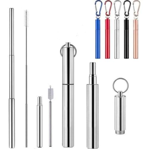 Telescopic Straw Set Reusable Stainless Steel Travel Straw with Keychain and Brush Portable Drinking Straws