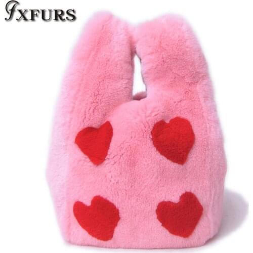 2020 New Whole Fur Rex Rabbit Fur Bag with Heart Five-star Portable Bag Korean Version of Ladys Jacket Handbag Real Fur Wrist