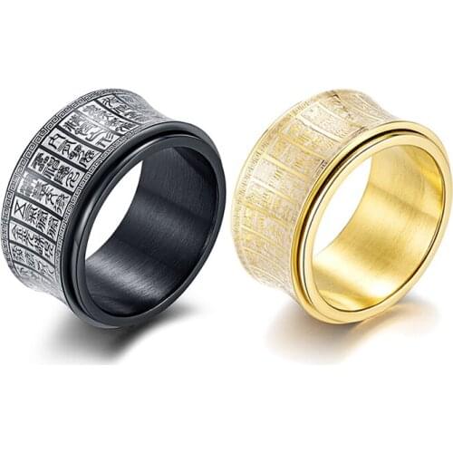 Punk Spinner Ring For Men Chinese Scripture Taoist Light Curse Stainless Steel Rings Black Gold Color Literary Jewelry