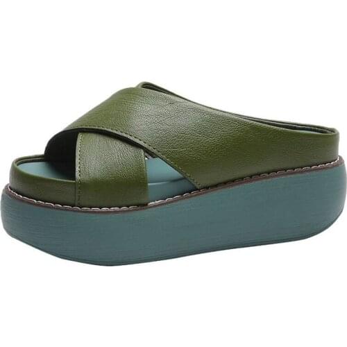 2021 New Platform Cross Slippers Women Slides for Women Shoes 6.5cm Wedge Heel Slippers Fashion Green Flip Flops Beach Shoes