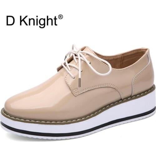 Fashion Patent Leather Ladies Casual Platform Wedges Shoes New Vintage Lace Up Women Oxford Shoes High Quliaty Girls Wedge Shoes