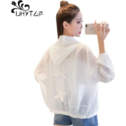 UHYTGF Oversized summer tops coats Fashion bow Sun protection clothing thin jacket Hooded breathable pink white womens coat 512