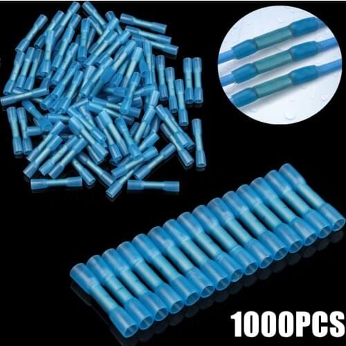 1000PCS Waterproof Insulated Heat Shrink Wire Butt Terminals Electrical Crimp Terminals Connector 16-14 AWG 1.5-2.5mm2 Blue