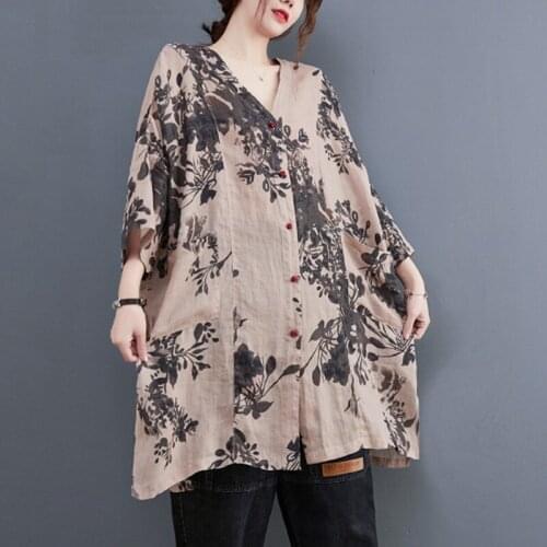 Oversized Women Cotton Linen Long Shirts New Arrival 2021 Autumn Vintage Style V-neck Print Loose Female Casual Tops B968