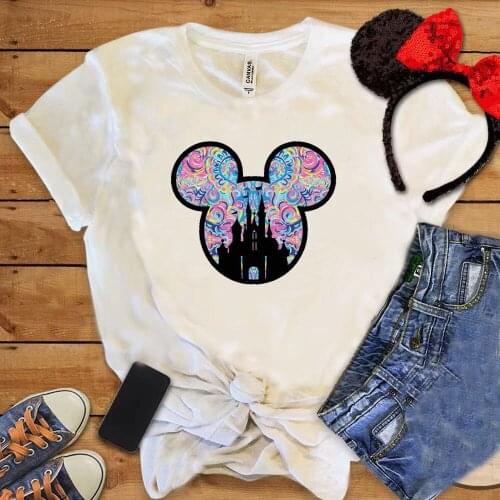 2021 Funny Cartoon Women Shirt Female Castle Printing Tee Mouse Graphic Cute Woman O-neck Tops Harajuku Clothing Women