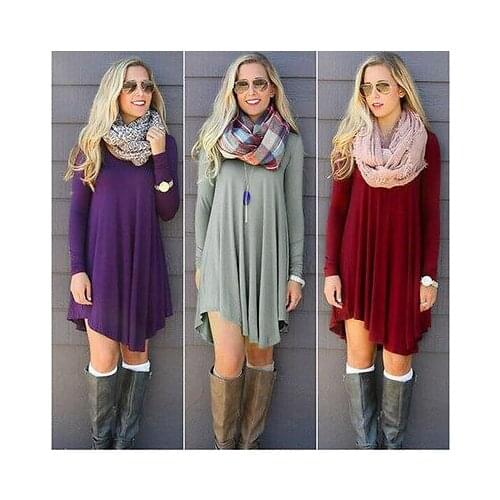 Women Long Sleeve Casual Loose T-Shirt Long Blouse Tops Mini Short Dress Autumn