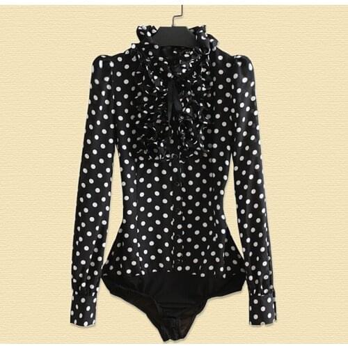 Black Polka Dots Print Chiffon Office Shirt Long Sleeve Ruffle Stand Neck Tie Bodysuit Blouse Women Work Wear OL Tops S - XXXL