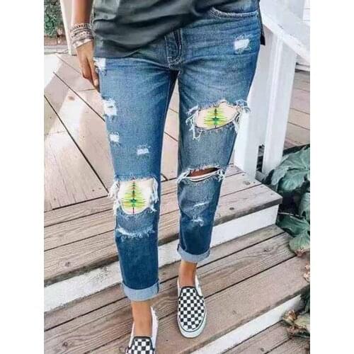Womens Jeans Dragonfly Print Ripped Hole Womens Jeans High Waist Jeans