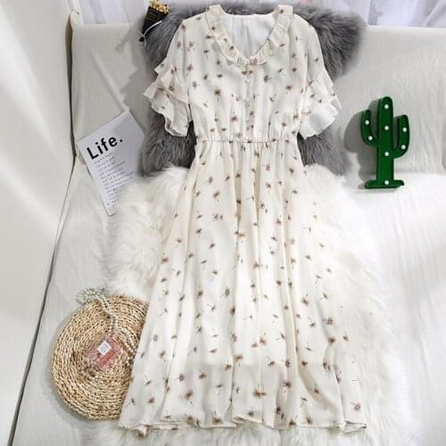 OUMENGKA French Romance Dresses Women Casual Floral Print Ruffled Dresses Butterfly Sleeve Knee Length Dresses Lady