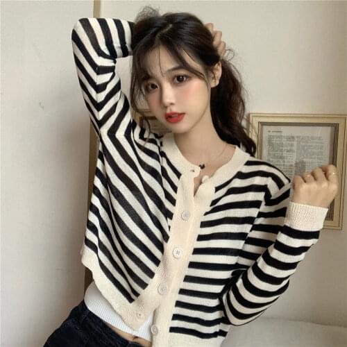 Woman Sweaters Cardigan Autumn and Winter Knitted Cardigan Womens Loose round Neck Striped Short Style Jacket