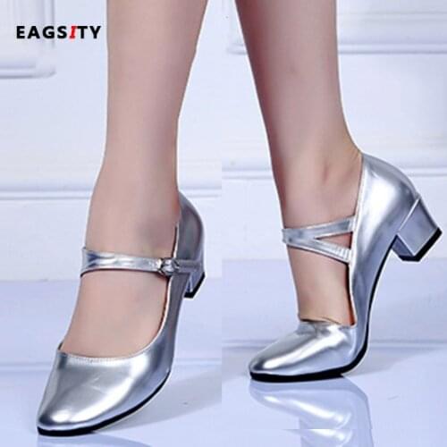 Silver Pumps Mary Jane shoes for women block heel ankle strap buckle pointed toe ladies shoes dance work outdoor party wedding
