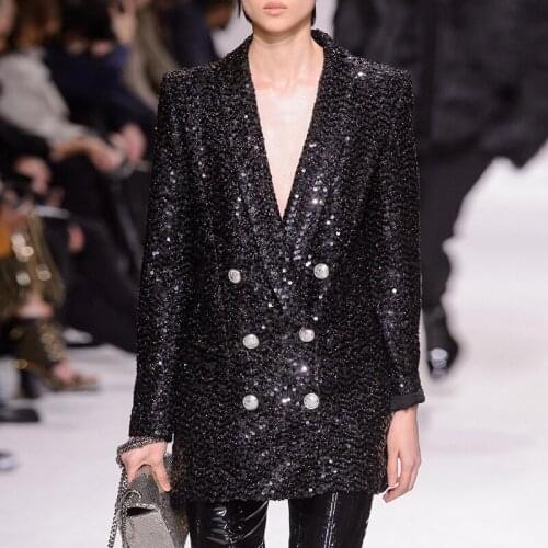 Women Sequin Double Breasted Long Blazer Spring Autumn Loose High Street Blazer Coat