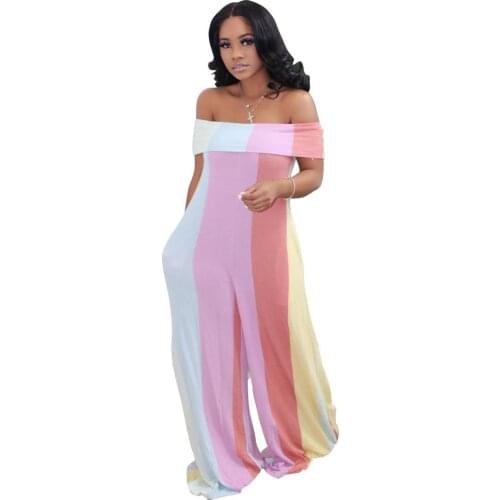 Adogirl Women Sexy Colorful Stripe Print Jumpsuit Folded Slash Off Shoulder Wide Leg Pants Loose Romper One Piece Bodysuit