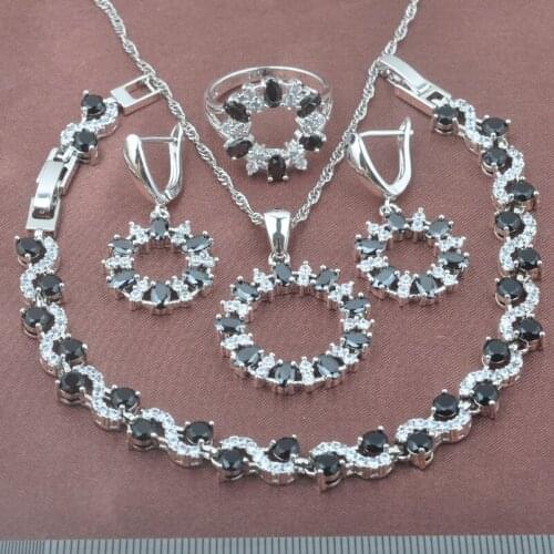 Natural Silver Color Jewelry Set Black Cubic Zirconia White Crystal For Women Earring Necklace Pendant Rings Bracelet YZ0415