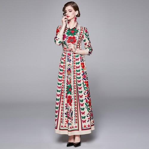 Chic Batterfly Print Dress Polyester Vintage Maxi Dresses Ankle-Length Cartoon Autumn Pink Long Sleeve Dress Women Fashion 2021