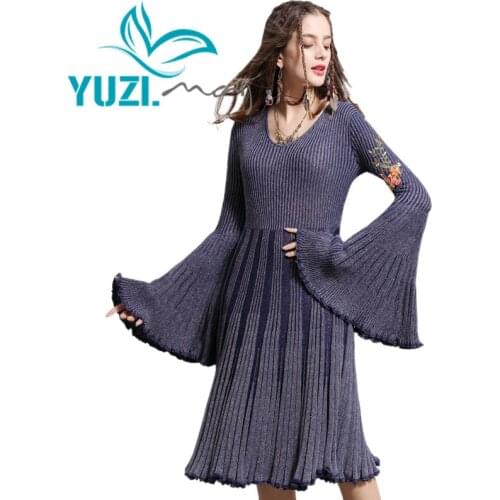Winter Dress 2018 Yuzi.may Boho New Knitting Vestidos O-Neck Flare Sleeve Flower Embroidery Swing Vintage Dresses Female A82031