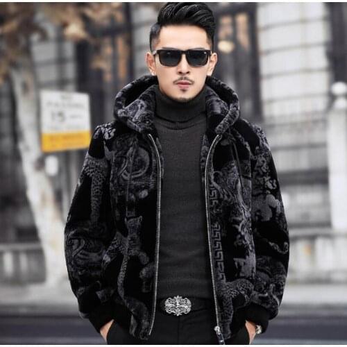 Winter warm jacket full size hooded faux fur top with zipper mens fur