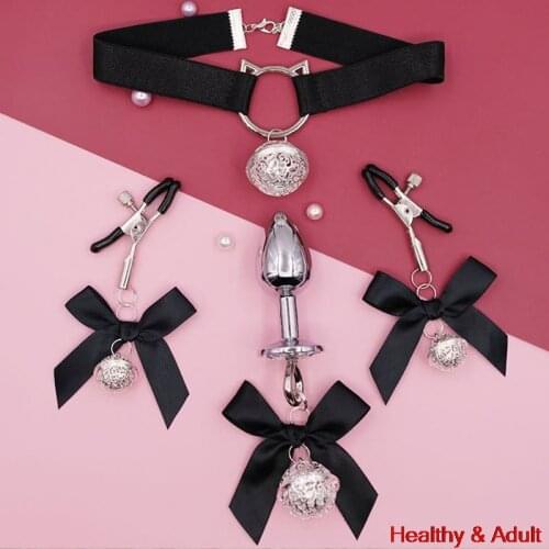 1/2/3/4pcs/Set Sexy Adjustable Bow Butterfly Small Bell Nipple Clamp Anal Plug Sex Chain Sex Toy Kit
