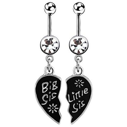 2PCS Navel Buckle Belly Ring Big Sis Lil Sis Crystal Heart Gift for Little Sister Girls, Women