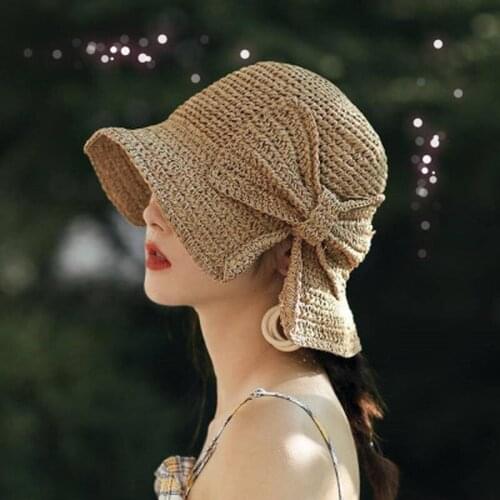2020 Parent-child 100% Raffia Bow Sun Hat Wide Brim Floppy Summer Hats For Women Beach Panama Straw Dome Bucket Hat Shade Hat